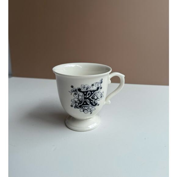 Anthropologie Initial K Mug | White Pedestal Coffee Cup | Black Floral Monogram - Picture 1 of 7